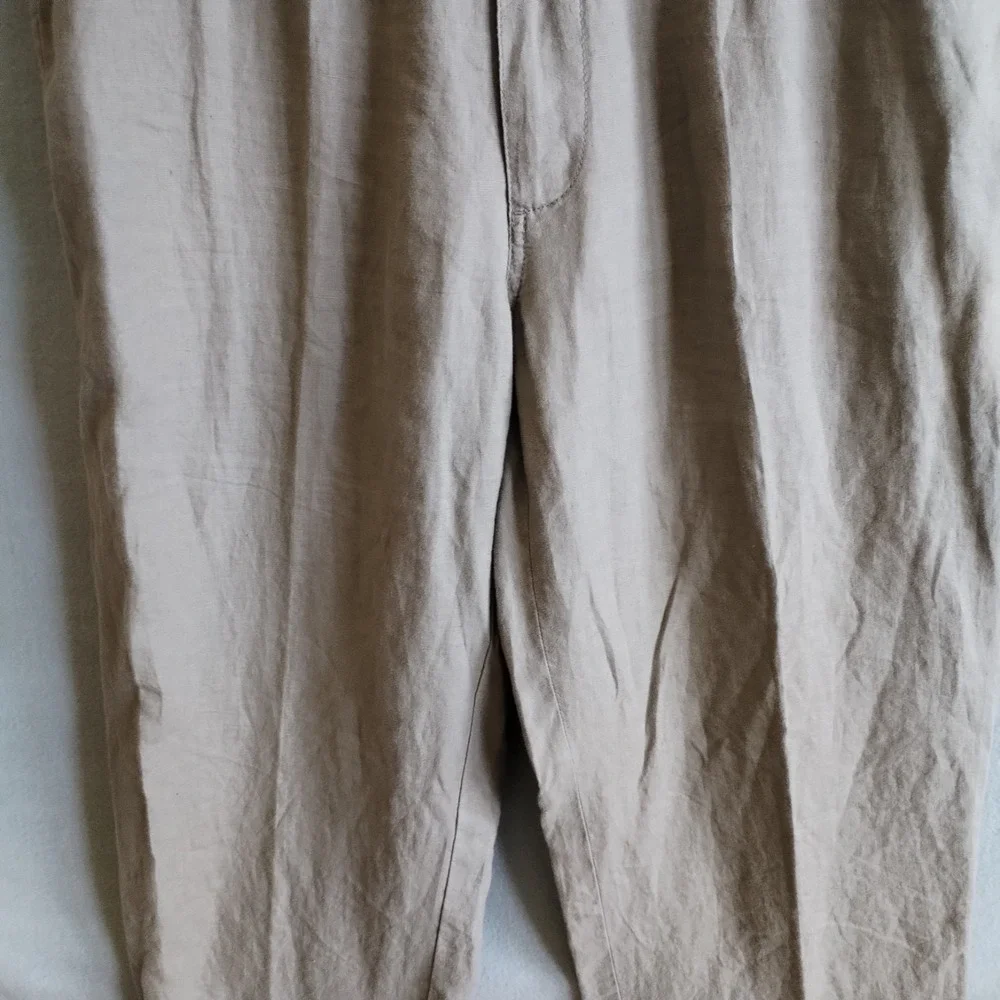 Caribbean Mens Linen Pants 36x32 (Fits 34x32) Tan Beige Elastic Waist Flat Front